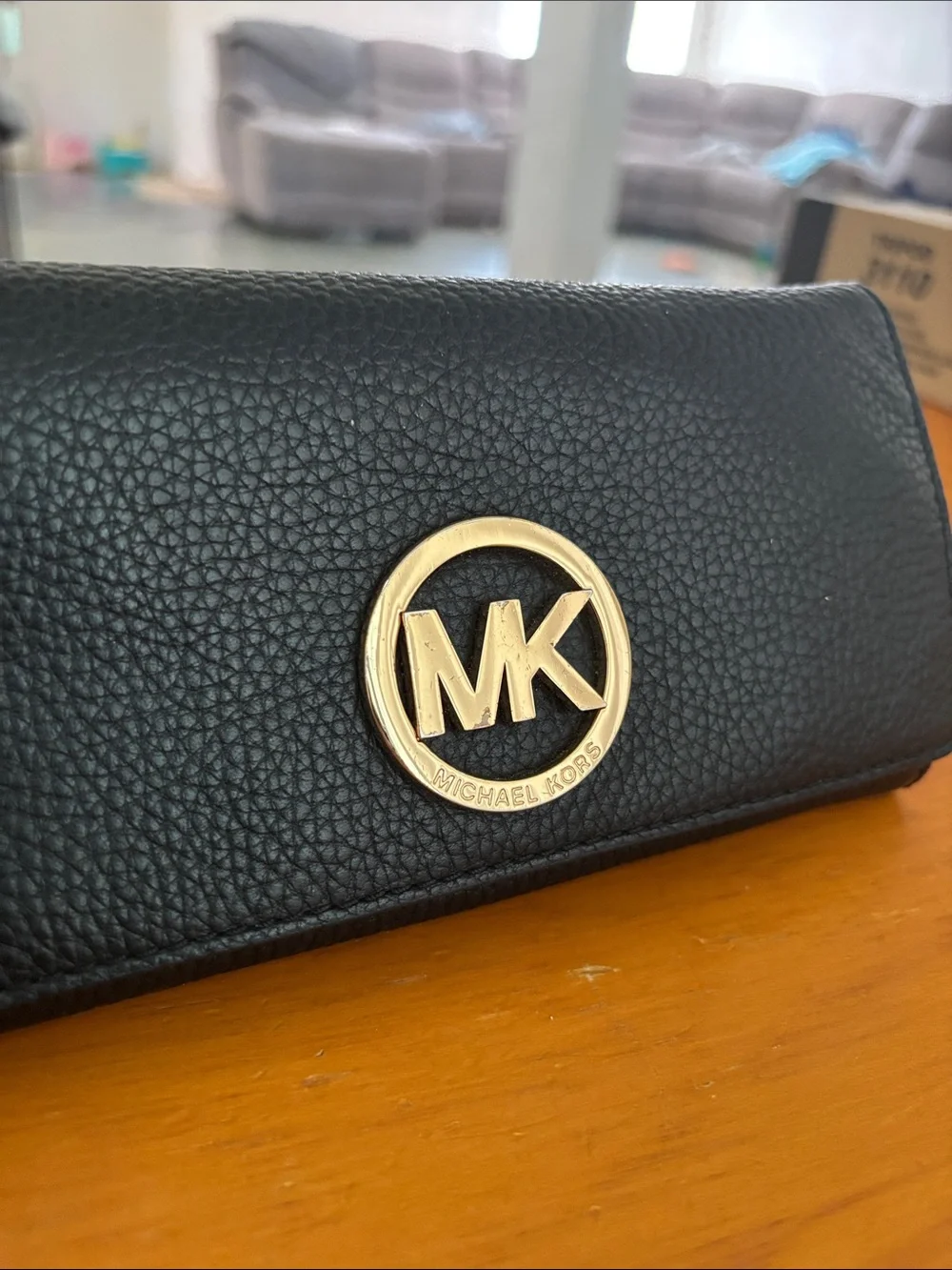 Michael Kors Black Pebbled Leather Logo Continental Wallet with Gold Hardware